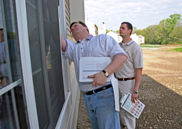 Pair of expert home inspectors evaluating window seals