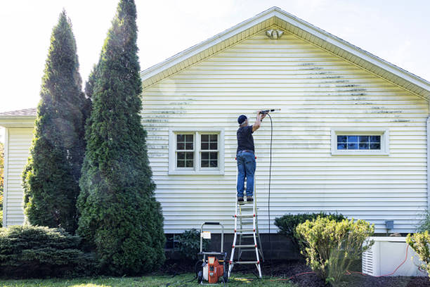 Man is balanced near the top of a ladder while cleaning the vinyl clapboard siding on his house with high pressure cleaning power wash equipment. Very satisfying to see such clear progress as he methodically moves the spray nozzle back and forth across the grungy grimy surface!